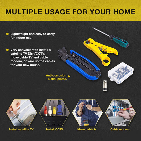 RG6, RG59, RG11 20 KOTTO Coax Cable Crimper Kit - Adjustable Compression Tool for - Includes Coaxial Cable Stripper