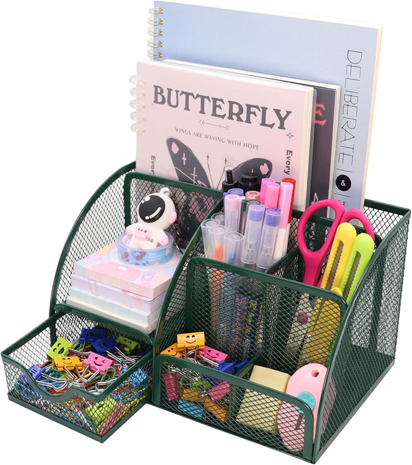 Mesh Desk Organizer with 6 Compartments and 1 Drawer, Multi-Functional Caddy Pen Holder for Home Office School Decor