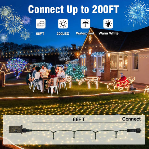 200 (66FT) Nisocy LED Christmas Connectable String Lights Outdoor Waterproof Warm White Fairy Lights with Plug, Tree