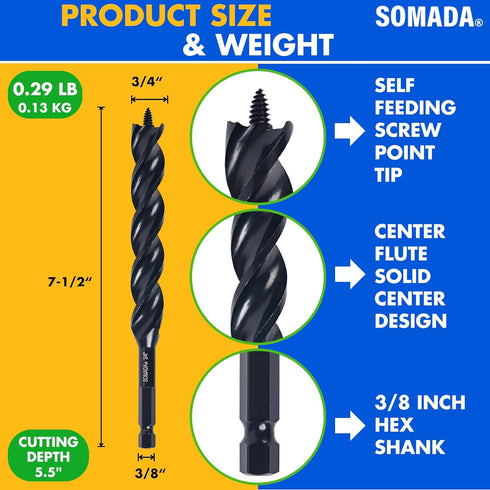 3/4-Inch x 7-1/2-Inch Triple-Cut Black Auger Drill Bit for Wood, Quick Change Hex Shank 3/8-Inch, Precision Drilling in Soft and Hard and Wood for Carpentry and DIY Projects