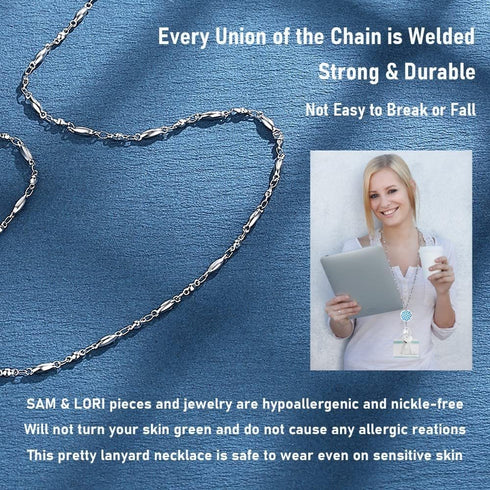 SAM & LORI Strong Retractable Lanyard Necklace for ID Badges and Keys, Stainless Steel Silver Chain for Women