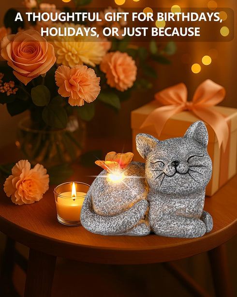 5-Inch GoGnome Solar Cat Garden Statue with Butterfly Light Outdoor Resin Figurine for Yard, Patio, Balcony Gifts