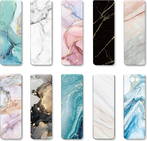 WAVEYU Magnetic Bookmarks for Women and Men, Assorted Page Markers for Book Lovers, 10 Marble Designs for School and