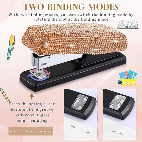 Bling Crystal Stapler Gift, Sparkly Diamond Stapler for Desk, Handmade Clay Rhinestone Machine Stapler (Champagne Gold)