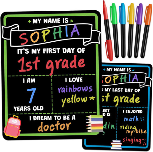 First Day of School Sign Board with Liquid Chalk Markers, 14”x11” Double-Sided & Reusable Back to School Board