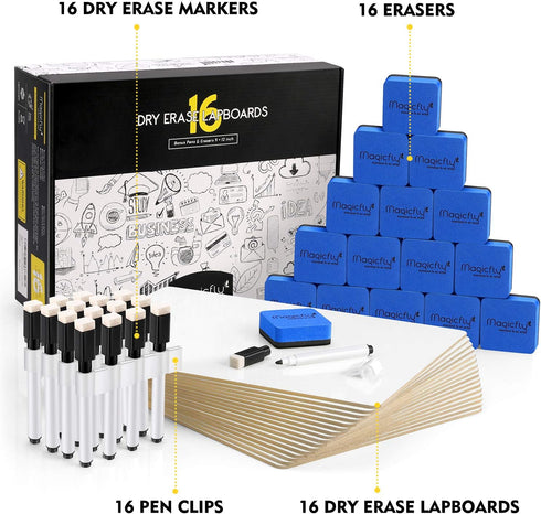 Magicfly Double-Sided Small White Board, 9 x 12 Inches, Bulk Pack of 16 Mini Dry Erase Lap Boards with 16 Pens, Erasers