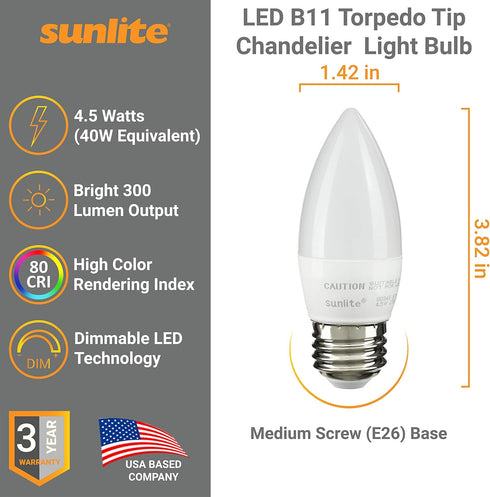 B11 Bulb 4.5 (40w 300 (E26) Dimmable, 2700K 6 Pack, 6 Sunlite LED Torpedo Tip Chandelier Light Watts Equivalent)