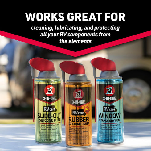 3-IN-ONE Pack 11 oz, 10 oz 11oz. RV Care Trio Includes Slide Out Lube Window & Track Lube and Rubber Seal Conditioner