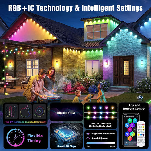 Lights,100FT IP67 72 JOH Permanent Outdoor RGB+IC Smart Eave Lights with DIY Color, Waterproof, App & Remote Control