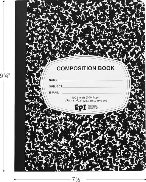 EPI Wide Ruled Black Marble Composition Notebook, 100 Sheets, 3-Pack