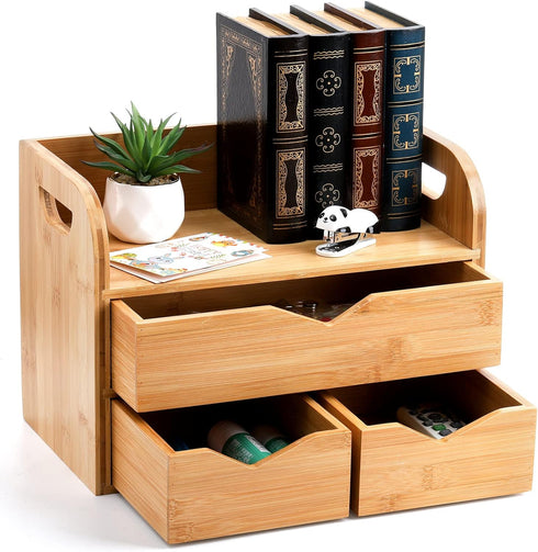 Hacaroa 3 Tier Bamboo Desktop Organizer with 3 Drawers, Portable Craft Box Cosmetic Storage for Office Supplies