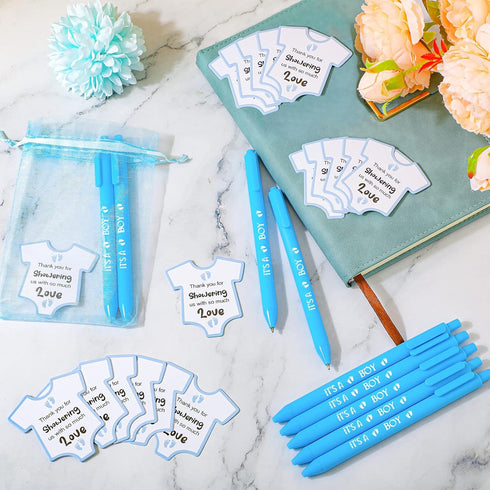TaoBary Blue Retractable Ballpoint Pens (50 Pcs) with Cards and Organza Bags, It's a Boy Themed Baby Shower Favors