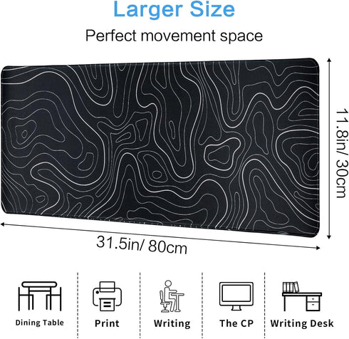 Gaming Mouse Pad Large 31.5 x 11.8in, Topographic Keyboard Mousepad with Non-Slip Base and Stitched Edge