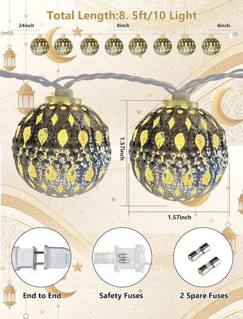 8.5Ft 10 Moroccan String Lights Plug in, LED Silver Metal Globe Fairy Lights, Warm White Hollow Lantern Decorative