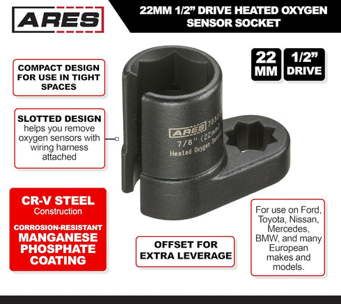 ARES 70323 22mm 1/2-inch Drive Heated Oxygen Sensor Socket, Offset Design for Side Access, Prevents Wire Damage