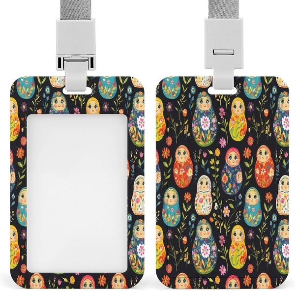 Generic Russian Nesting Dolls Flowers Vertical Badge Holder with Lanyard Plastic Sliding ID