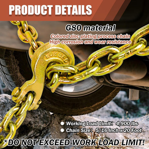 Transport Binder Chain G80 5/16 Inch x 20 Foot | Heavy Duty Tow Chain with Clevis Grab Hooks, 4,900 lbs Safe Working