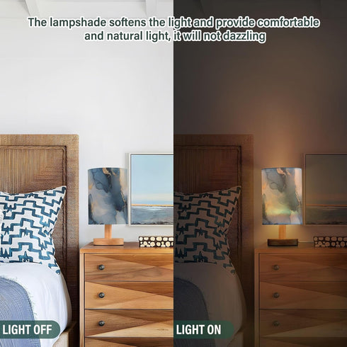 Bedside Table Lamp, Abstract Gold Navy Blue Marble Pattern Small LED Desk Light USB Nightstand Lamp with Non Slip Wood