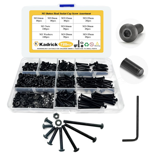 720 Pcs M3 Screws Nuts Washers Assortment M3x6MM-35MM, Hex Socket Button Head Metric Bolts Kit, 10.9 Grade Alloy Steel