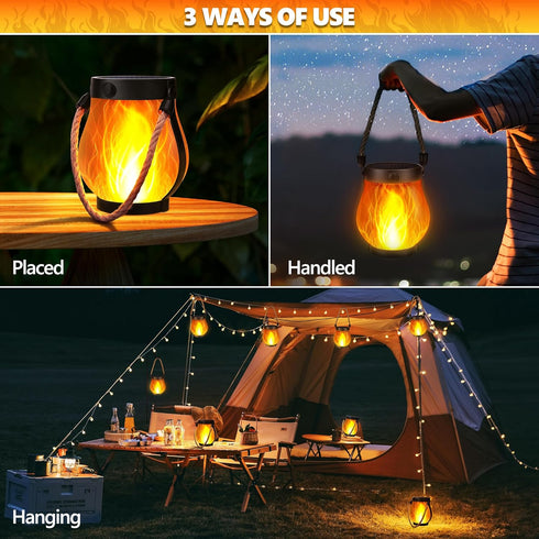 2 Pack Gen2 2 iBaycon Solar Lanterns Lights, Ultra-Real Flame Garden Lights with Dual Charging USB & Solar, Modes