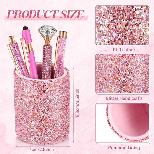Sabary 8 Pcs Ballpoint Pens with Pen Holder, Metal Crystal Diamond Glitter Pencil Organizer for Women, Pink