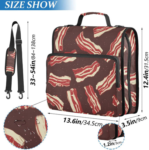 Fisyme 3 Bacon Pattern Zipper Binder Ring with Zipper and Shoulder Strap Large Capacity Multi-Pocket Binder Organizer