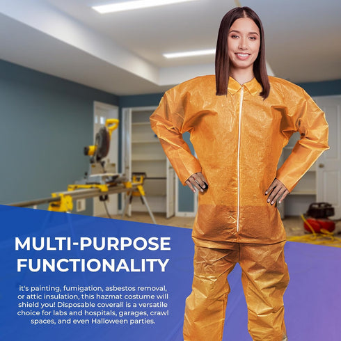 5 Pack, 40 AMZ Medical Supply Disposable Coveralls Medium, Orange, Lightweight GSM PP+PE, Front Zipper, Open Wrists