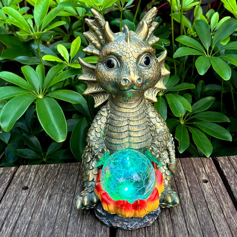 LCKFTY Solar Garden Statue Dragon Figurine with 7-Color Changing Solar Crackle Globe Lights-