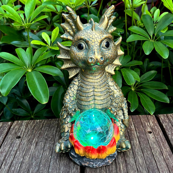 LCKFTY Solar Garden Statue Dragon Figurine with 7-Color Changing Solar Crackle Globe Lights-