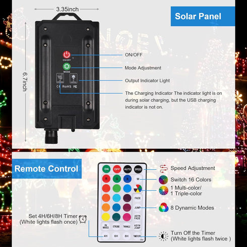 40Ft 16 100 20 XEWEA Solar String Lights Outdoor, Colors LED String Lights with Modes Remote, Waterproof Solar Powered