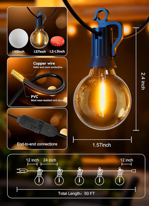 50FT 25 G40 Bulbs IP65 Dimmable Brightown Outdoor String Lights, Shatterproof Patio Lights, Waterproof Hanging