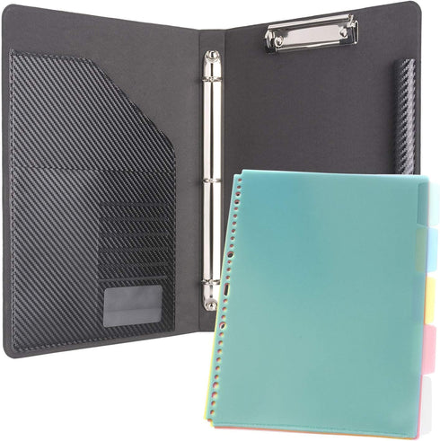 Binder Portfolio Organizer - Business and Interview Padfolio with Color File Folders and 3-Ring Binder, Clipboard