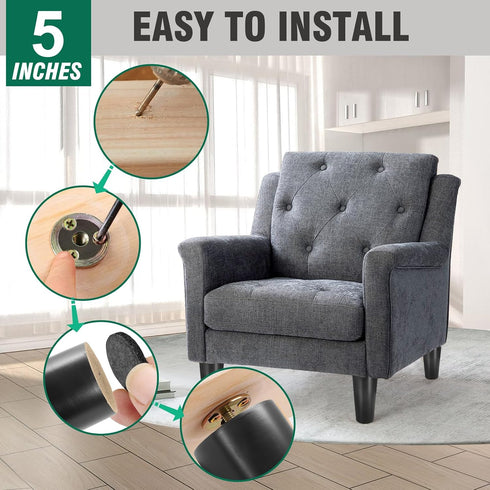 FoDau770 5 Inches, Set 4, 5/16" Black Rubber Wood Furniture Legs Straight Tapered Wood Feet Mid Century Sofa Legs