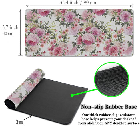 Pink Desk Mat Mouse Pad for Women - Extra Large 35.4" x 15.7" Non-Slip Rubber Base for Game Office, Roses Wreath