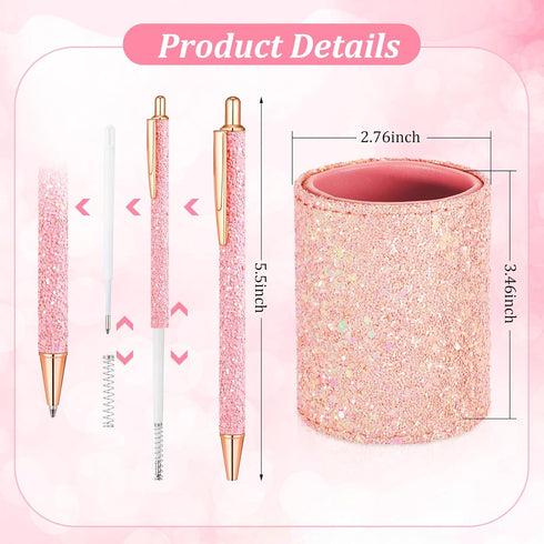 6 BBTO Bling Sequin Pen Holder with Pcs Sequin Click Pens Cute Glitter Retractable Ballpoint Pens, Pencil Cups for Desk