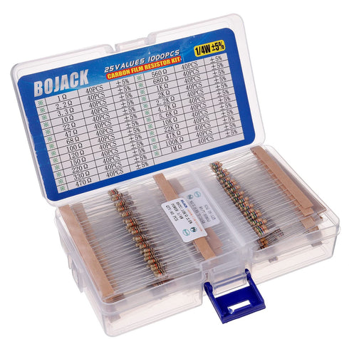 BOJACK 1000 Pcs 25 Values Resistor Kit, 1 Ohm-1M Ohm with 5% 1/4W Carbon Film Resistors Assortment