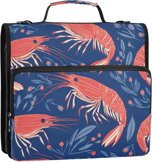 Fisyme 3 Sea Shrimp Cute Blue Zipper Binder Ring with Zipper and Shoulder Strap Large Capacity Multi-Pocket Binder