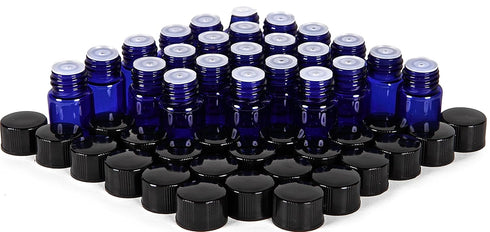 24 Cobalt Blue Glass Bottles, 2 ml (5/8 Dram) with Orifice Reducers and Black Caps