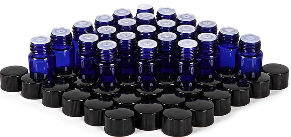 24 Cobalt Blue Glass Bottles, 2 ml (5/8 Dram) with Orifice Reducers and Black Caps