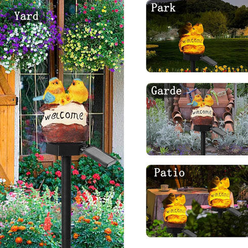 Welcome Birds Solar Powered Outdoor Garden Light, Resin Animal LED Stake Lights for Patio Yard Art Garden