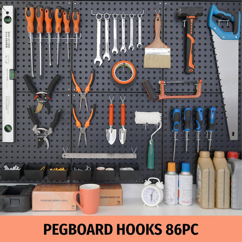 HUHOLE 86PC Pegboard Hooks Assortment with Bins, Garage Tool Organizer, Fits 1/8 Inch and 1/4 Inch Pegboard