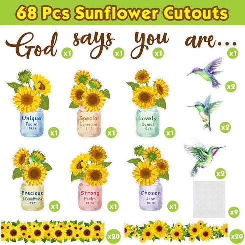Christian Bulletin Board Decorations Sunflower Theme Inspirational Sets with Hummingbird Flower Jar Cutouts