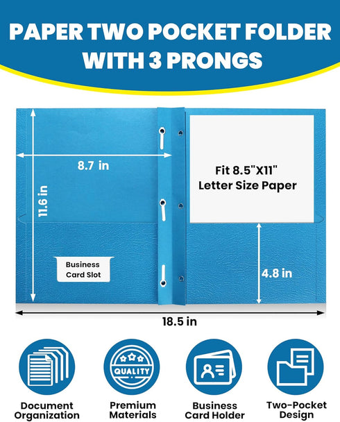 SUNEE 100-Pack Blue File Folders - Letter Size with 2 Pockets and 3 Prongs, 9.3 x 11.6 in
