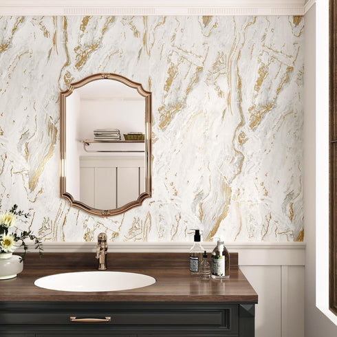 Matte Beige/Gold Marble Contact Paper, Waterproof Peel and Stick Wallpaper for Cabinet Backsplashes