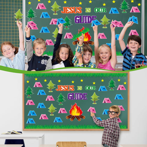 CY2SIDE 74PCS Jesus is Our Guide Cutouts - Bulletin Board Border Sets for Back to School Camping Theme