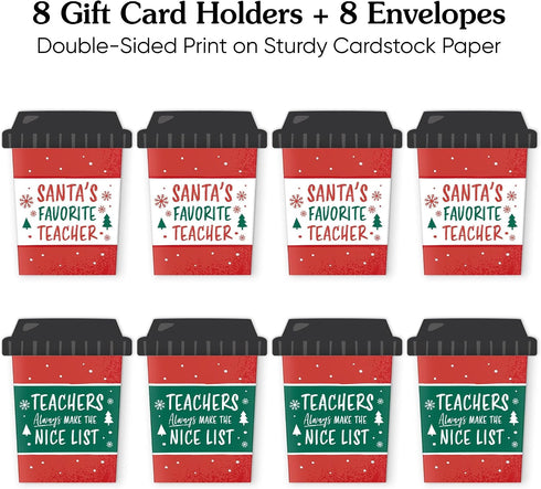 Pack, Set 8 Big Dot of Happiness Assorted Teacher Holiday Presents Coffee Cup Gift Card Holders with Envelopes, Teacher