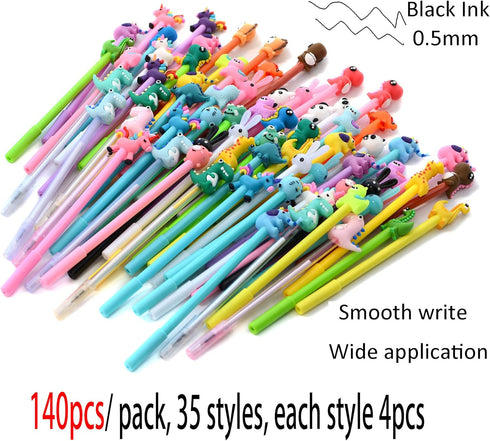 YYaaloa 140pcs Cute Cartoon Gel Ink Pens, 0.5 mm Black Ink Assorted Styles, Fun Kawaii Pens for Kids, Office
