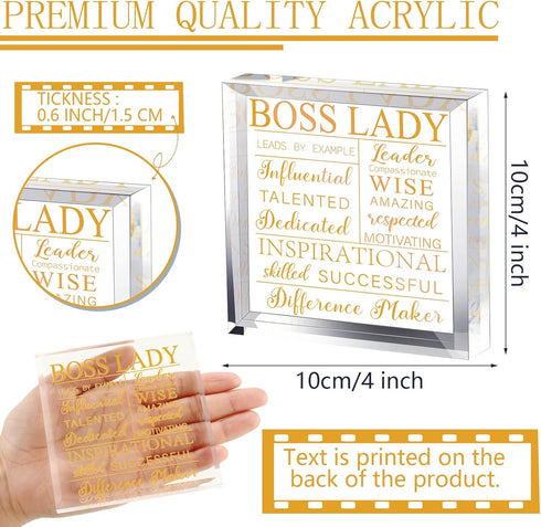 Yalikop Boss Lady Gifts for Women, Acrylic Desk Office Decor with Inspirational Quotes, Keepsake and Paperweight