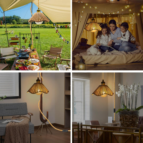 FEYAIM E26/E27 16.7ft Bulb) Plug in Pendant Light, Socket Hanging Lights, Hand Woven Hemp Rope Shade Cable with Switch