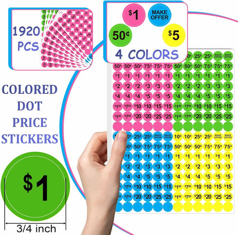 Dreecy Yard Sale Price Stickers, Garage Sale Pre-Priced Price Tag Labels, 1920 PCS 3/4" Diameter Neon Pricing Stickers